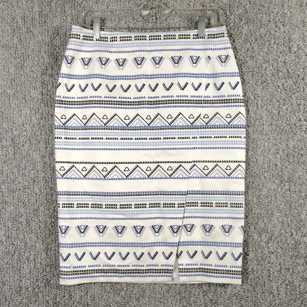 White House Black Market Pencil Skirt Geometric White Blue Boho Women Size 6